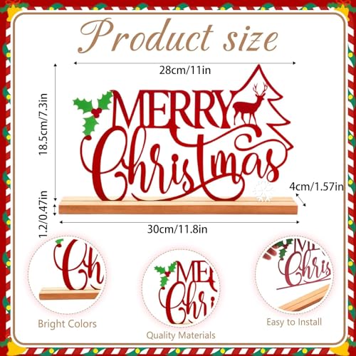 Metal Merry Christmas Table Sign Xmas Tabletop Centerpiece with Wooden Base Freestanding Rustic Tiered Tray Decor for Home Mantel Shelf Fireplace Decoration (Red) - color: Red