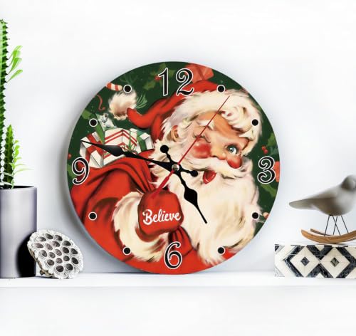 Vintage Santa Claus Silent Non Ticking Wall Clock 12 Inch, Battery Operated, Christmas Joy Round Wood Wall Clocks, Decorative for Living Room, Kitchen, Bedroom, Bathroom, Dining Room, Gifts - color: Vintage Santa Claus-christmas Green 1