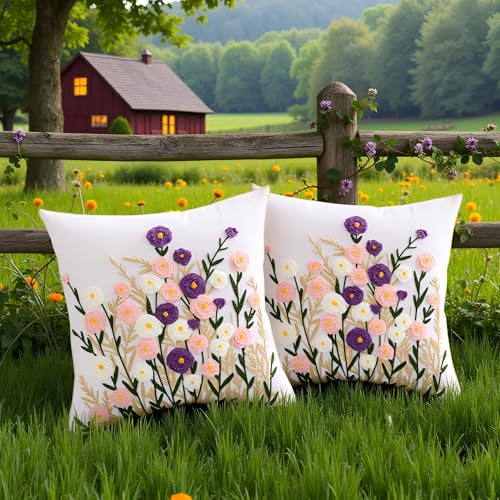 Embroidered Throw Pillow Covers 18x18 Pack of 2 Purple Pink Flower - color: Purple-pink Flower