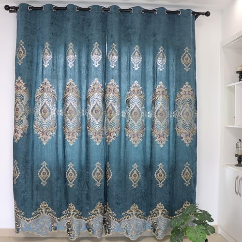 SLOW SOUL Set of 2 Panels Exquisite European 90% Blackout Curtains Golden Floral Embroidered Velvet Curtain for Living Room Bedroom Dining Room with Grommet Top Blue Cloth 48W X 90L inch Length - color: Blue Cloth, size: 48"W x 90"L (Pack of 2)
