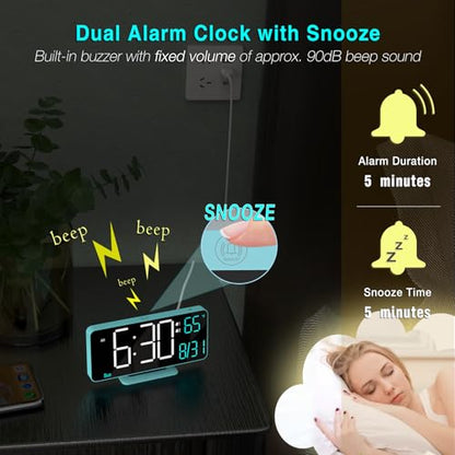 KOSUMOSU Digital Alarm Clock, 6.7in Digital Clock for Bedroom, Auto Dimming, Room Temperature, Day of The Week, Seconds, Date, Desk Clocks for Living Room, Alarm Clocks for Bedrooms - color: Blue (White + Blue Digits)