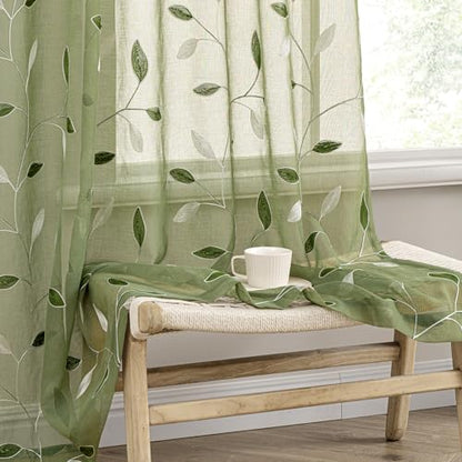 MIULEE Sage Green Sheer Curtains 2 Panels Leaf Patterned, W52 x L84 - color: Sage Green, size: 52"W x 84"L (Pack of 2)