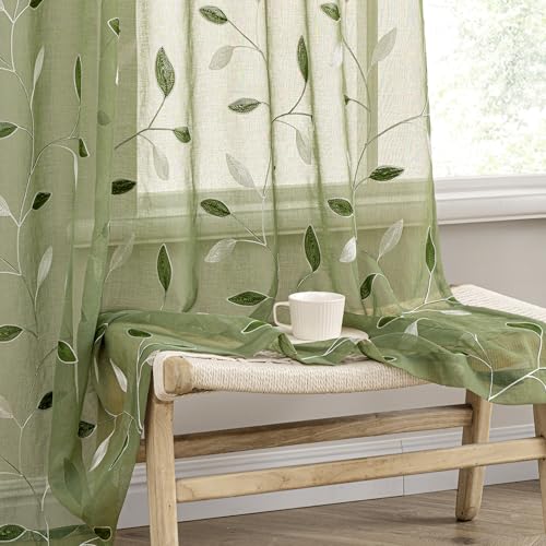 MIULEE Sage Green Sheer Curtains 2 Panels Leaf Patterned, W52 x L96 - color: Sage Green, size: 52"W x 96"L (Pack of 2)
