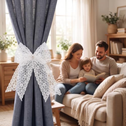 White Lace Bow Curtain Tiebacks 6-Pack, Vine Floral Curtain Holdbacks - color: White Daisy Floral