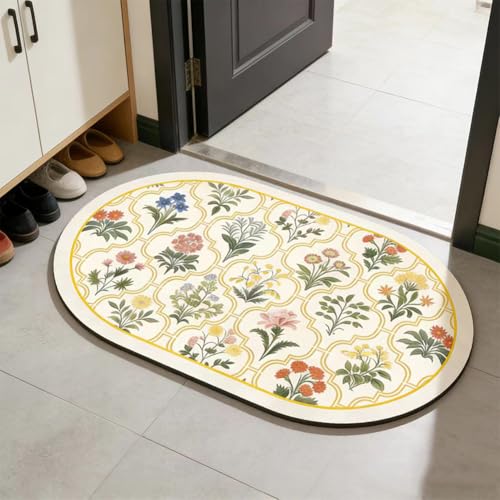 Vintage Floral Bathroom Rug Mat, 20"x32" Non-Slip Absorbent Bath Rug, Quick Dry Washable Entryway Rug, Retro Botanical Pattern Floor Mat for Bathroom, Kitchen, Bedroom (Yellow, Oval) - color: Oval,yellow, size: 32" x 20"