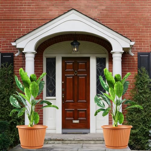 Large-Planter-Indoor-Outdoor Plant Pots, 14 inch 4 Pack Plastic Flower Pots with Saucer And Drainage Holes, Modern Garden Planters For Planting Medium Large Plants, Decorative Resin Garden Pots - color: Terracotta, size: 14 inch