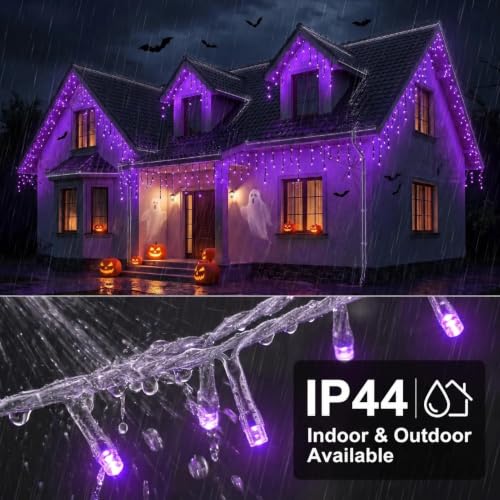 FLVOECN 720 LED 65FT Purple Halloween Ice Lights, Plug in Timer 8 Modes - color: Champagne