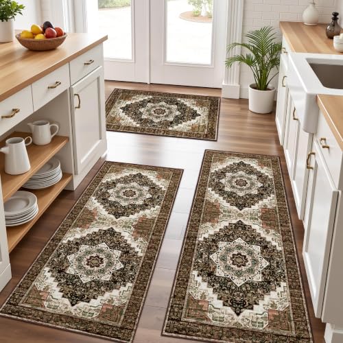 Kitchen Rugs Sets of 3 100% Non Slip Washable Kitchen Mats for Floor, Brown - color: Brown, size: 20"x32"+20"x48"+20"x59"