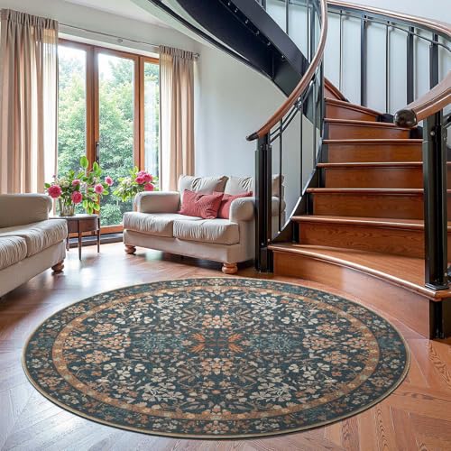 jinchan 6ft Washable Round Area Rug, Vintage Floral, Dark Blue - color: Dark Blue, size: 6' (Round)