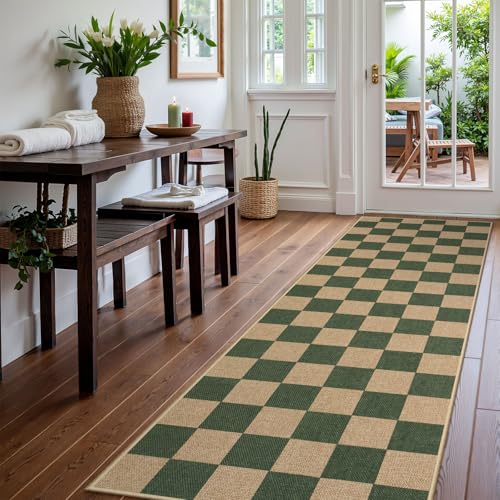 Lahome Checkered Easy Jute Kitchen Runner Rug, 2x8 Outdoor Rugs Washable - color: Deep Green/Nature-1, size: 2'6" x 8' (Runner)