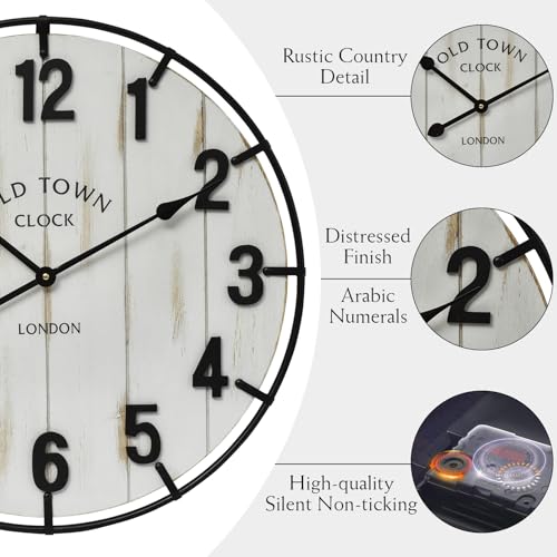 Large Old Town Farmhouse Wall Clock – 24 Inches Rustic Antique Wood with Metal Circle and Large Numerals, Silent Battery Operated Clock for Office, Kitchen, Bedroom, Living Room (Washed White) - color: White, size: 24 Inch