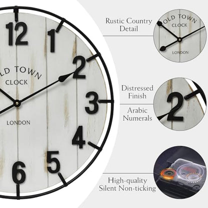 Large Old Town Farmhouse Wall Clock – 24 Inches Rustic Antique Wood with Metal Circle and Large Numerals, Silent Battery Operated Clock for Office, Kitchen, Bedroom, Living Room (Washed White) - color: White, size: 24 Inch
