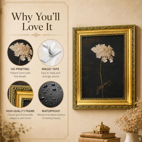 Gold Framed Floral Wall Art Dark Moody Botanical Canvas Painting 16x24in - color: Framed flowers, size: 24"L x 16"W