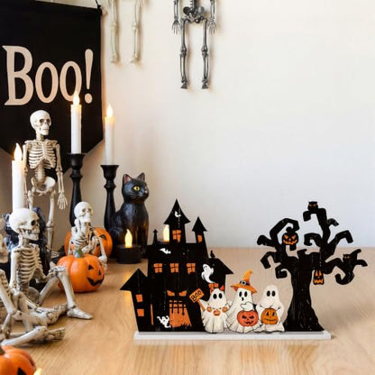 Smile Halloween Wooden Standing Decor Set Ghost Haunted House and Tree - style: Halloween Tree