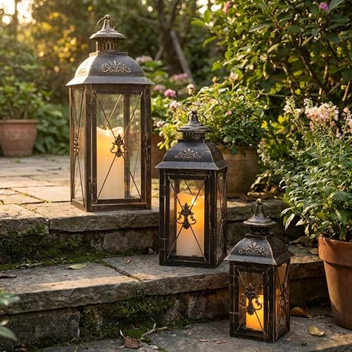 TRIROCKS Set of 3 Decorative Hanging Lantern 9.5/13.5/19" High Vintage Metal Candle Holder with Tempered Glass Perfect for Living Room Garden Yard Patio Parties Events Indoors Outdoors (Black) - color: Black, size: Set of 3