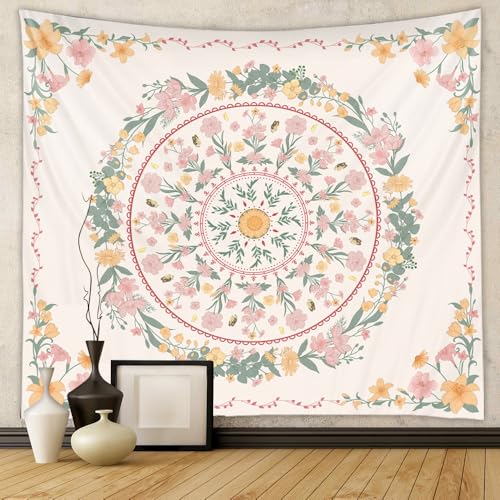 Mandala Tapestry for Bedroom Aesthetic Floral Boho Wall Tapestry Wall Hanging Pink Wall Tapestries for Bedroom Flower Wreath Wall Art Room Decor Aesthetic Bohemian Tapestries Wall Decor 36x48 Inches - color: Floral Mandala Aesthetic, size: 48"L x 36"W
