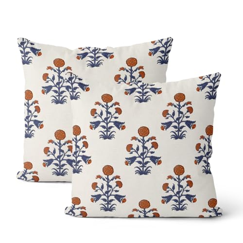 Navy Blue Vintage Pillow Covers 18 x 18 Inch Set of 2 Boho Burnt Orange Floral Outdoor Decor Throw Pillows Neutral Block Print Flower Linen Farmhouse Decorative Pillowcases for Couch Bed Sofa - color: Burnt Orange Navy Blue, size: 18" x 18" (Pack of 2)
