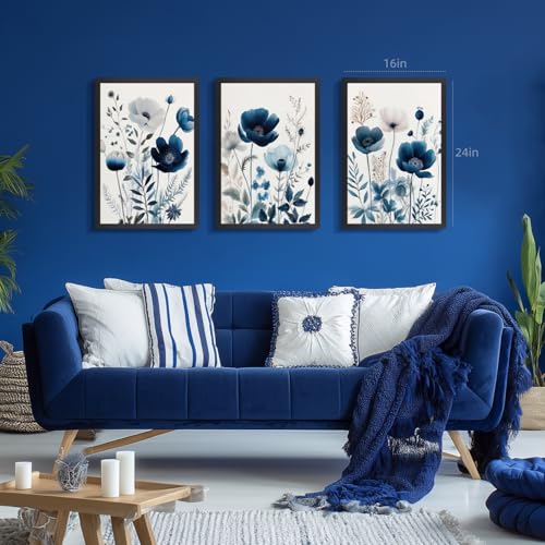 Grajoy Wood Framed Navy Blue Botanical Floral Wall Art 12x16 Inch Set of 3 - color: BlueFlower, size: 16"L x 12"W