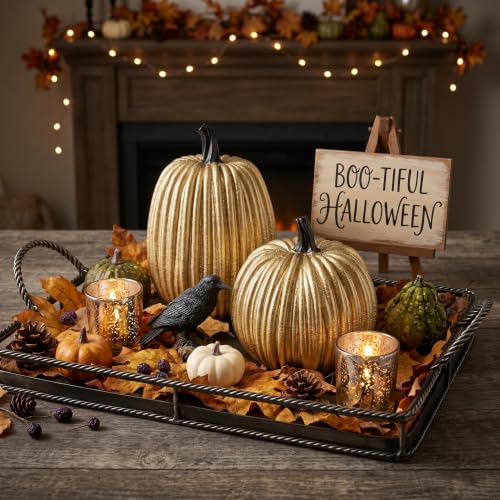 Gold Halloween Pumpkin Decor, Small Resin Pumpkins Set of 2 - color: Gold and Black-set of 2