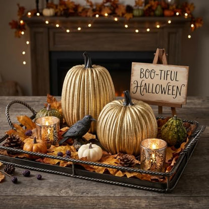 Gold Halloween Pumpkin Decor, Small Resin Pumpkins Set of 2 - color: Gold and Black-set of 2