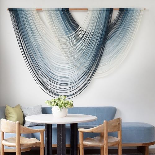 Macrame Wall Hanging Large handmade Navy Blue Ombre Fiber Art 57"W*39"L - color: Navy Blue