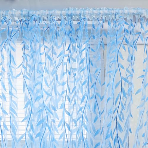 Ufurty 2pcs Willow Leaf Window Curtain Voile Tulle Vine Sheer Curtains - color: Blue Leaf, size: 39.4"W x 78.7"L (Pack of 2)