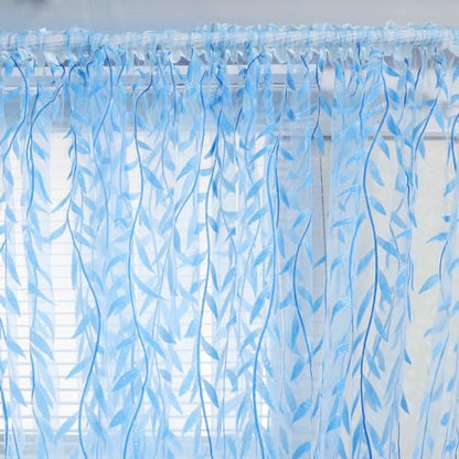 Ufurty 2pcs Willow Leaf Window Curtain Voile Tulle Vine Sheer Curtains - color: Blue Leaf, size: 39.4"W x 78.7"L (Pack of 2)