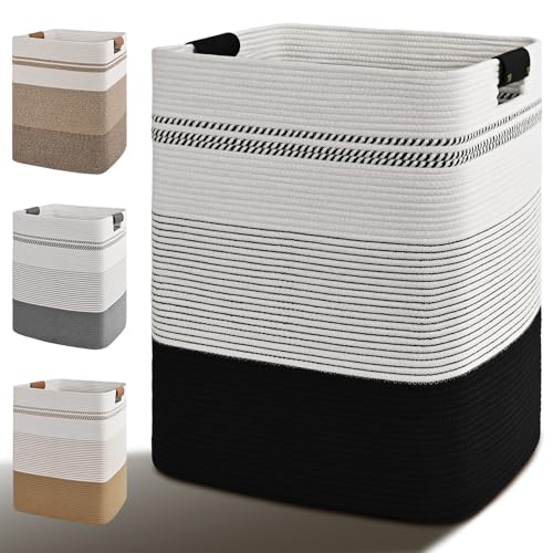 Laundry Hamper, 85L Tall Laundry Basket with Leather Handles, Rectangle Large Clothes Hamper for Organizing, Cotton Woven Laundry Baskets Storage Hampers for Bedroom, Nursery, Living Room - color: Black, size: 85L