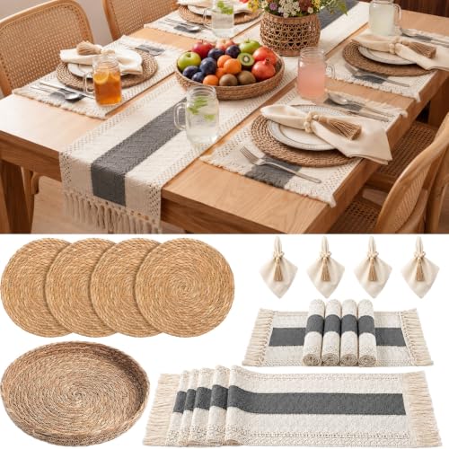 Boho Kitchen Decor Table Runner and Placemats Set, Grey, 4 Sets, 12x72inch | Farmhouse Rustic Natural Set with Table Runner, Woven Placemats, Napkin Rings & Basket, Perfect for Dining Table & Home Decor - color: Gray, size: 12x72''