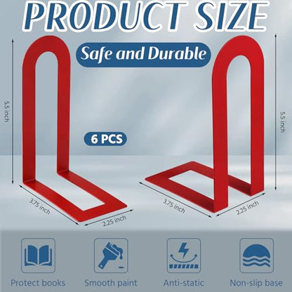Chunful 6 Pcs Red Metal BookEnds Shelves, 5.5 x 3.75 x 2.25 in - color: Red, size: 5.5*3.75*2.25inch