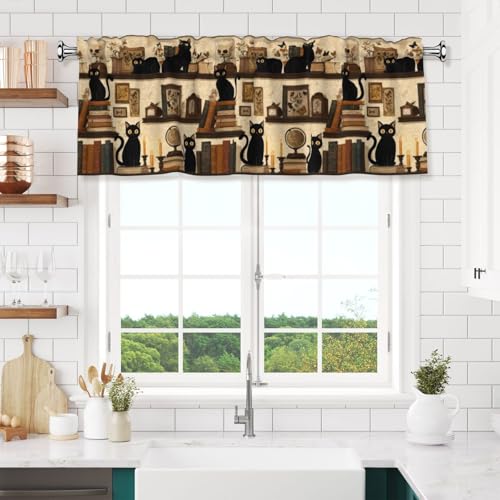 Cats on Bookshelf Abstract Valances for Windows Rod Pocket Curtain Valance 1 Panel Short Curtains for Kitchen Bathroom Living Room Bedroom Window Treatments - color: Cats on Bookshelf