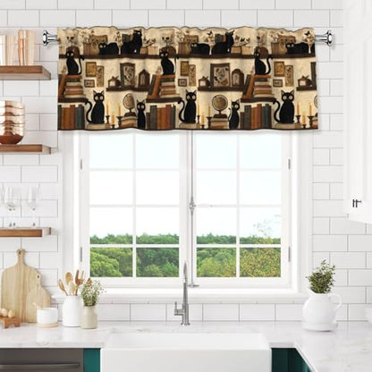 Cats on Bookshelf Abstract Valances for Windows Rod Pocket Curtain Valance 1 Panel Short Curtains for Kitchen Bathroom Living Room Bedroom Window Treatments - color: Cats on Bookshelf