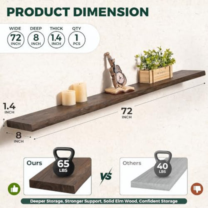 72in Live Edge Solid Elm Floating Shelves, Walnut, Set of 1 - color: Walut Color, size: Live Edge 72 inch, 1Pack