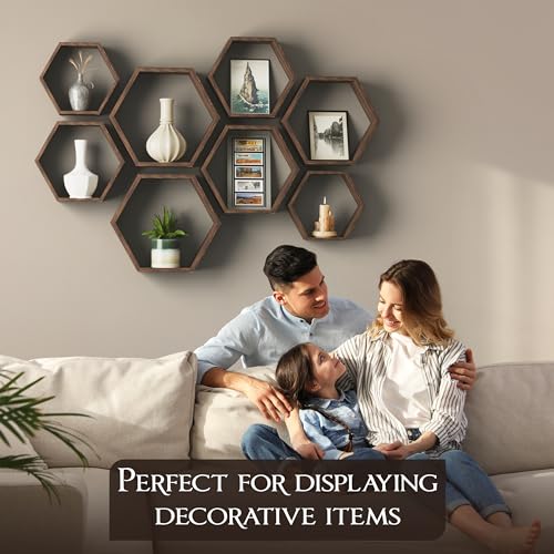 Hexagon Floating Shelves Set of 8 Honeycomb Shelves for Wall, Wooden Hexagon Shelves for Farmhouse Storage - color: Rustic Brown