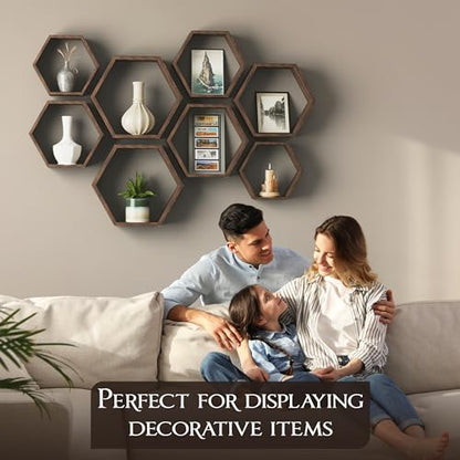 Hexagon Floating Shelves Set of 8 Honeycomb Shelves for Wall, Wooden Hexagon Shelves for Farmhouse Storage - color: Rustic Brown