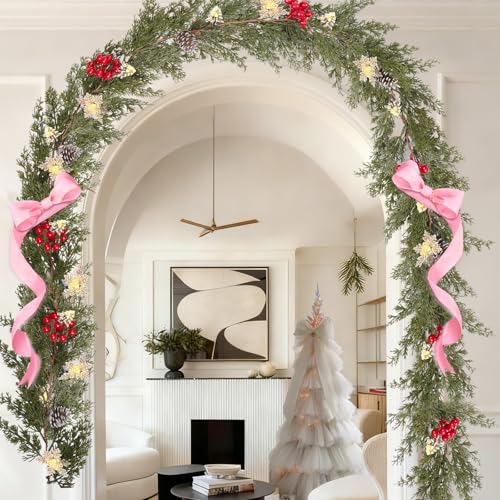 6FT Christmas Garland with Lights Battery Operated Lighted Christmas Garland with Pine Cones Red Beries,Twinkle Snowflake& Tree Mixed LED Lights Mantle Xmas Christmas Decoration Indoor Outdoor