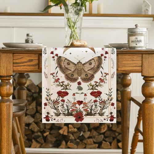Artoid Mode Beige Poppy Moth Mushroom Moon Fall Table Runner, Seasonal Autumn Kitchen Dining Table Decoration for Home Party Decor 13x72 Inch - color: Beige, size: 13" x 72", Table Runner