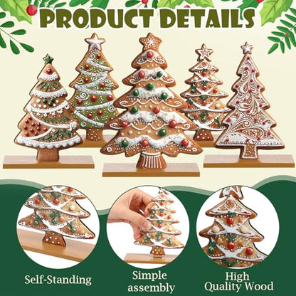 RattanView 5 Pcs Gingerbread Christmas Table Decorations Wooden Gingerbread Tree Decor Christmas Centerpiece Ginger Bread Village Decoration Winter Tiered Tray Decor with Base for Xmas Home Kitchen - style: Gingerbread Tree