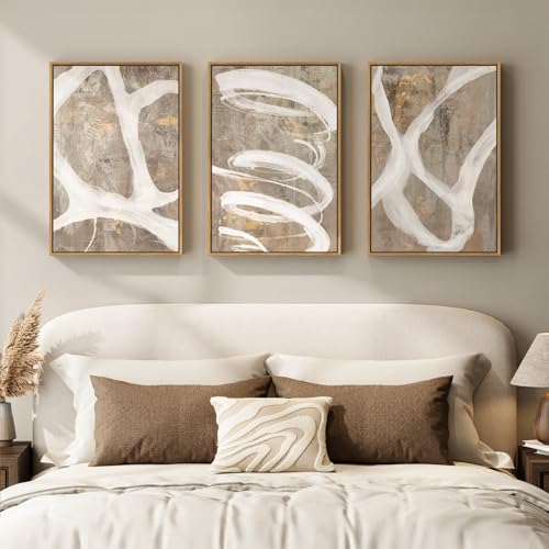Framed Neutral Beige Abstract Wall Art for Bedroom, 3 Piece Set, 16x24 In - color: Neutral Taupe, size: 16" W x 24" H x 3pcs