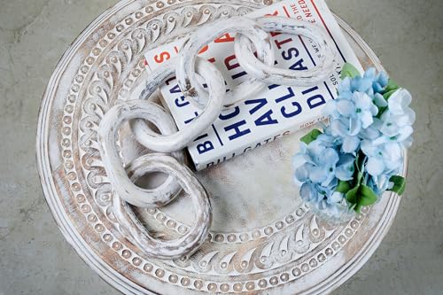 Housewarming Gifts Wood Chain Link Decor Hand Carved 5-Link Wood Knot Decorative Chain, Rustic Decorative Object Large Wooden Chain for Home Living Room Coffee Table Farmhouse 16 x 4 x 2 (White)