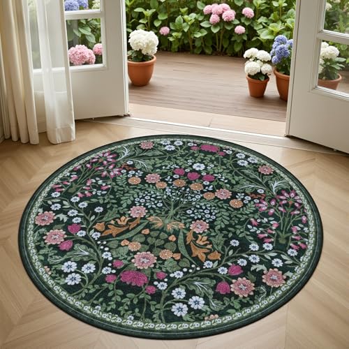 PLHXFR Round Area Rug Living Room: 4 ft Floral Washable Carpet Dark Green - color: Dark Green, size: 4' (Round)