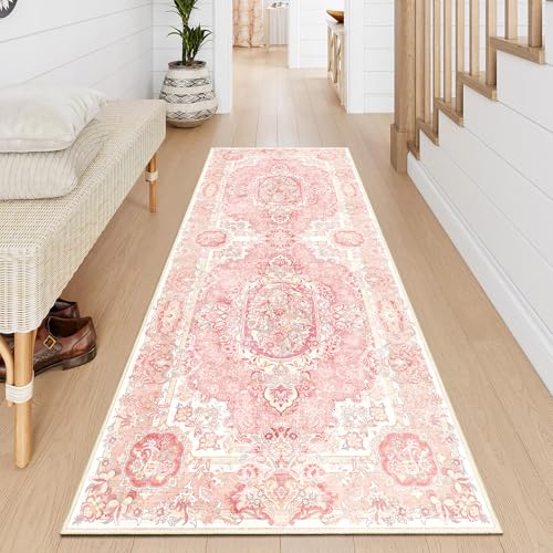 Boho Washable Runner Rug 2x6, Vintage Floral Rug for Hallway - color: Boho Blush Pink, size: 2'x6'