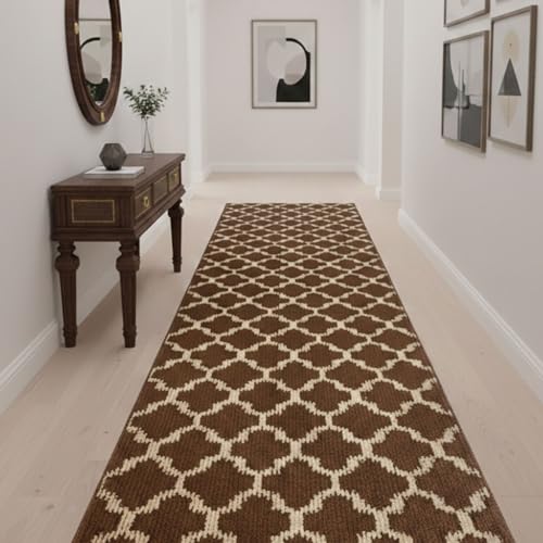 Custom Size Cut to Length Moroccan Trellis Design Runner Rug Mat For Wide Long Hallways with Non-Slip Rubber Backing, Better Traction for Pets, Prevent Slippage, Trellis Brown, 31 inch X 6 feet - color: Trellis / Brown, size: 31 inch Width X 6 Feet Length