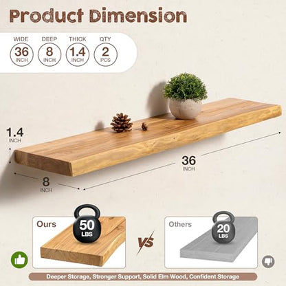 fuqing Live Edge Floating Shelves for Wall, 36 Inch Solid Elm Wood Shelves - color: Natural Elm Live Edge - 8"d, size: 36"L - 2Packs