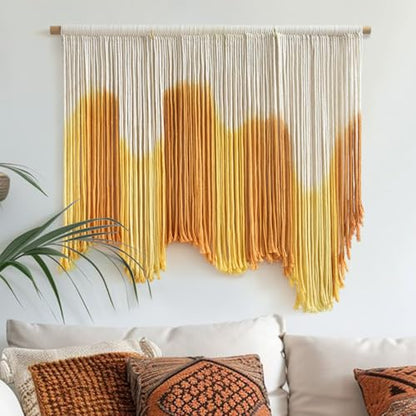 IOWER Macrame Wall Hanging Yellow Dip Dye Boho Fiber Wall Decor 27" x 26.8" - color: yellow