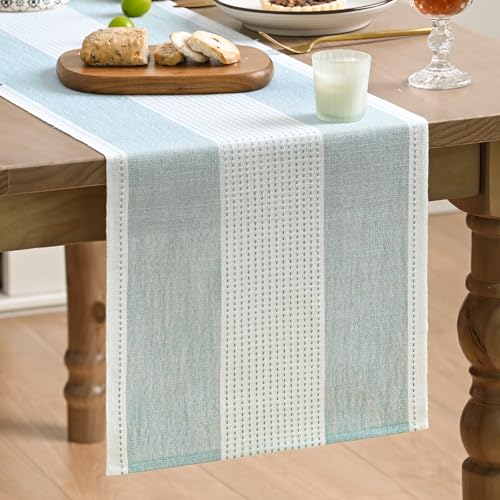 Artoid Mode Ice Blue Farmhouse Rustic Table Runner, Seasonal Macrame Fabric Kitchen Dining Holiday Wedding Table Decor for Home Party 13x48 Inch - color: Ice Blue, size: 13" x 48", Table Runner
