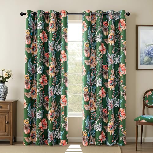 MYSKY HOME Green Floral Blackout Curtains 84 Inch Length 2 Panels Set Black Out Thermal Insulated Energy Efficient Grommet Cottagecore Flower Patterned Vintage Botanical Drapes for Living Room, 52" W - color: Green, size: 52"W x 84"L (Pack of 2)