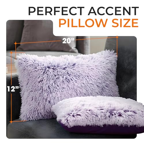 Cheer Collection Throw Pillows for Couch and Bed, Soft Shaggy Throw Pillows with Inserts Included, Cozy Long Hair Faux Fur Pillows - Set of 2-12" x 20" - Purple - color: Purple Ombre, size: 12" x 20"