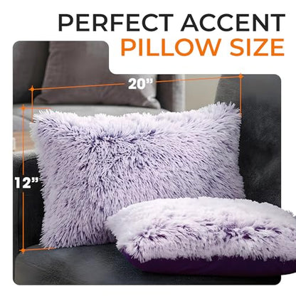 Cheer Collection Throw Pillows for Couch and Bed, Soft Shaggy Throw Pillows with Inserts Included, Cozy Long Hair Faux Fur Pillows - Set of 2-12" x 20" - Purple - color: Purple Ombre, size: 12" x 20"