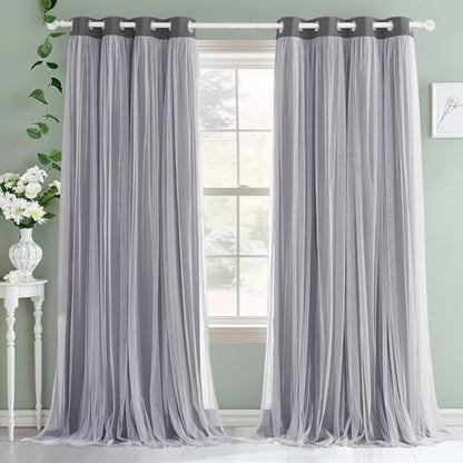 Dark Grey Blackout Curtains with White Sheer Overlay for Girls Bedroom/Drom - color: Grey, size: 52"W x 63"L (Pack of 2)